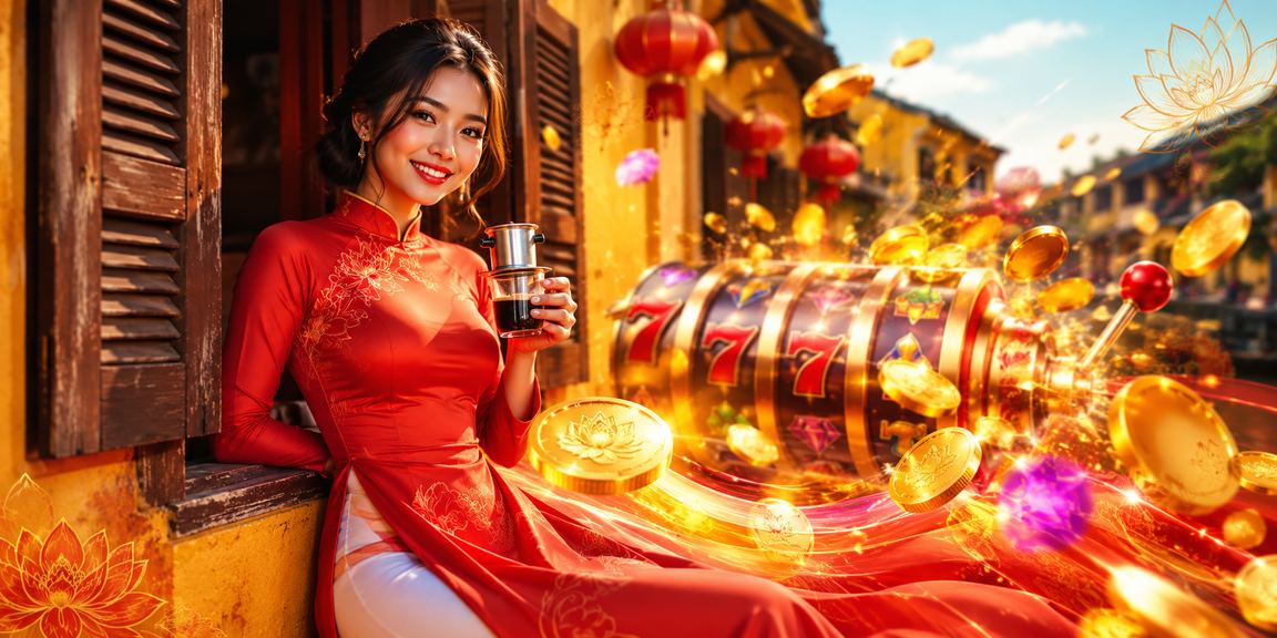 Người mặc áo dài tại Hội An trải nghiệm slot game trên điện thoại di động